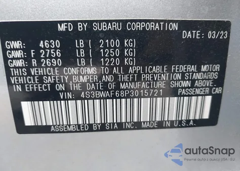 2023 Subaru Legacy Premium z USA, uszkodzony, nr VIN 4S3BWAF68P3015721
